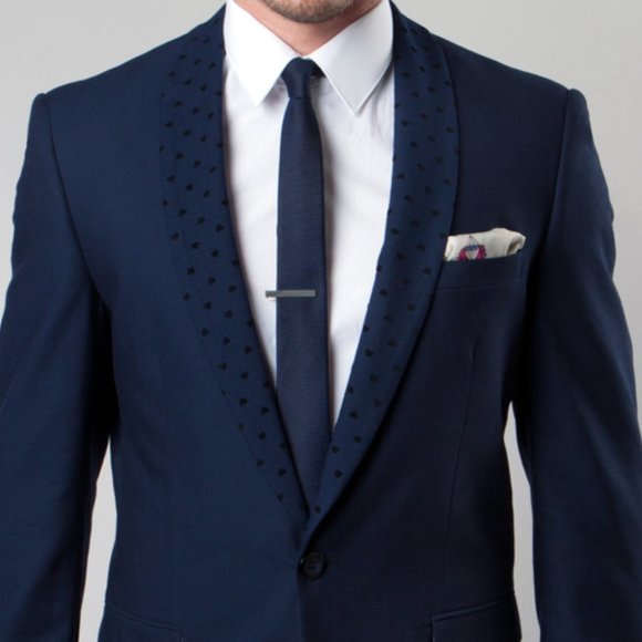 Mens Blazer Jacket w/ Polka Dot Hearts Shawl Lapel, Solid Navy Blue